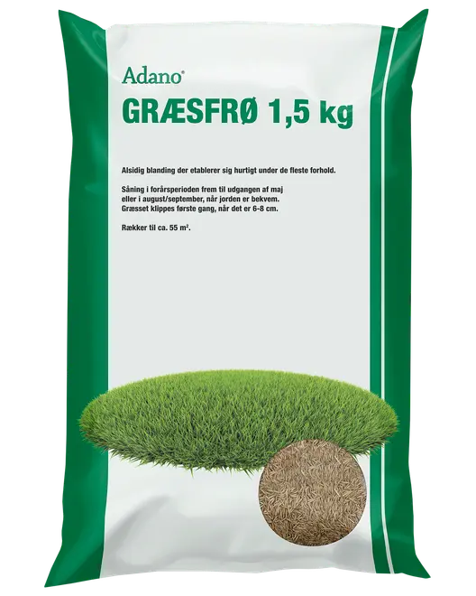 Pose med Adano græsfrø, 1,5 kg, rækker til ca. 55 m². Alsidig blanding for hurtig etablering, med billeder af grønt græs og frø på emballagen.