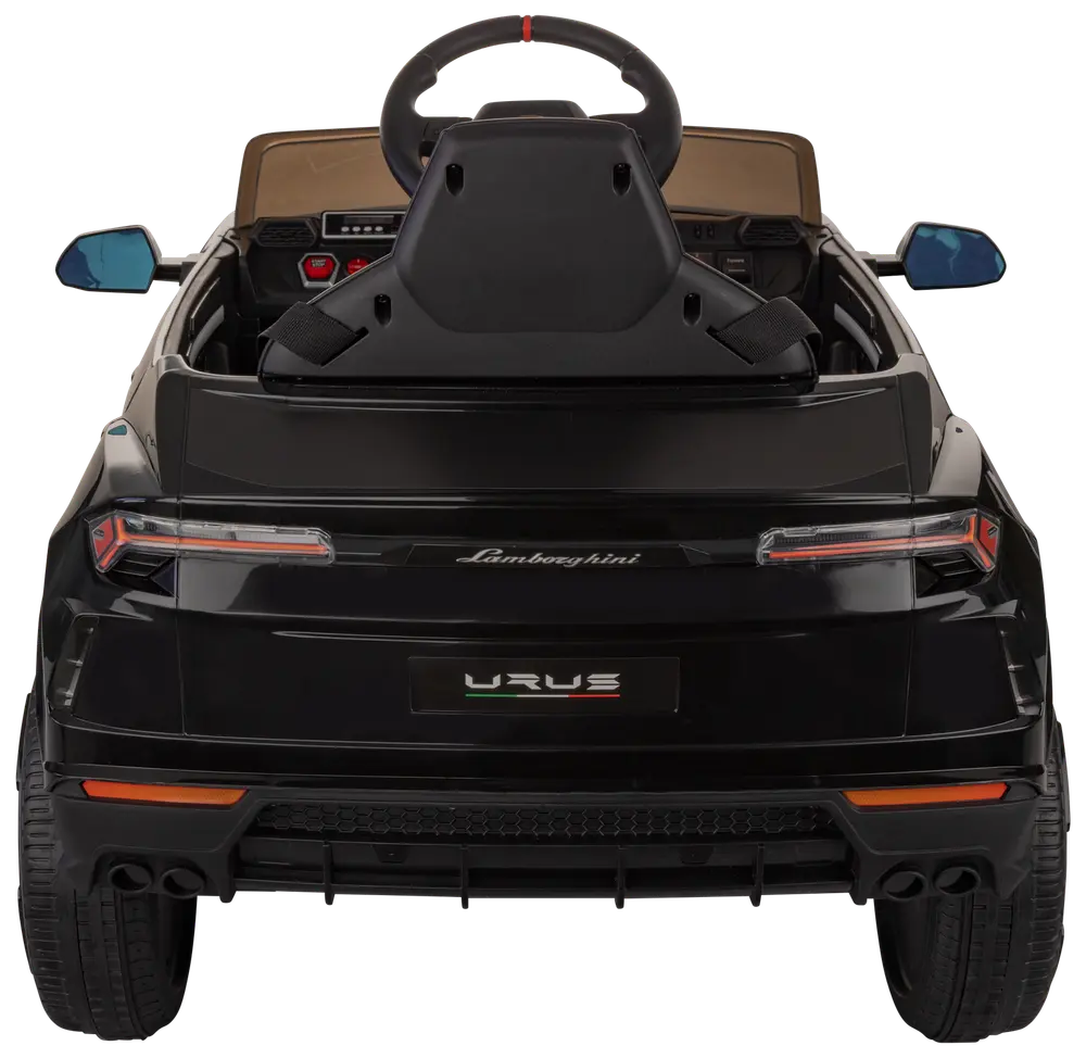 Svart Lamborghini Urus elbil för barn, realistisk bakdel med detaljerade bakljus, dubbla avgasrör och logotyp. En sits, ratt och sidospeglar ingår.