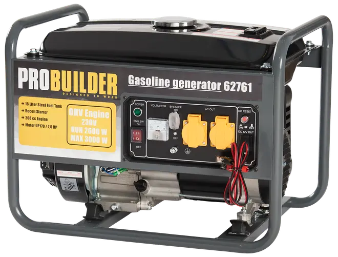 Bærbar benzingenerator med stålramme, 15-liters tank, 230V udgang, to stik, voltmeter, snorstart og 208cc motor. Velegnet til backup eller udendørs brug.