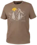Brun kortærmet t-shirt med hvidt bjerg- og fyrretræsmotiv samt gul sol. Teksten "360 Outdoor" foran. Rund hals, afslappet pasform, blødt stof.