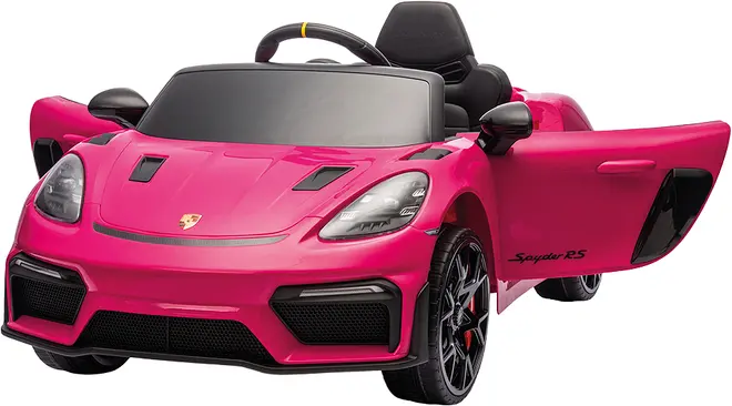 Pink Porsche Spyder RS elbil til børn med realistiske detaljer, åbne døre, sort sæde, rat og sporty hjul. Batteridrevet, stilfuldt og sjovt design til børn.