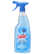 Blå sprayflaske med At Home Clean glasrens til skinnende vinduer, spejle og andre glasoverflader.