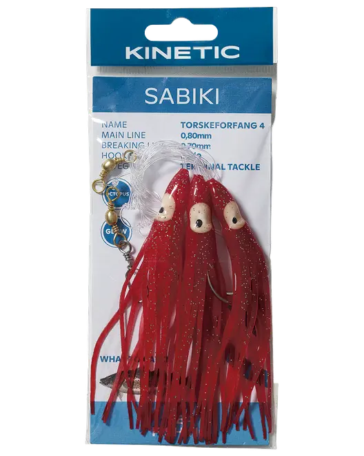Pakket Kinetic Sabiki-fiskerig med røde blæksprutte-lignende ophæng, flere kroge og klar forfangslinje til saltvandsfiskeri.