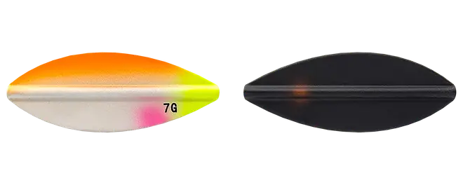 To fiskelokker vist side om side: én orange, hvid og neon gul med 7G-mærke, og én mat sort, begge aflange og reflekterende.
