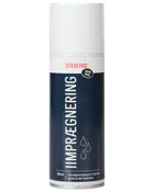Sterling impregneringsspray, 200 ml sprayburk, för textilier och skor. Passar alla material. Vitt lock, mörkblå etikett, PFAS-fri, med vattendroppar.