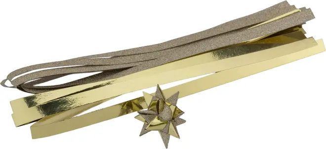 Sæt med guld- og glitrende sølvpapirstrimler til hobbybrug, inkluderer en færdig dekorativ stjerne. Perfekt til gaveindpakning eller juledekorationer, blanke og teksturerede overflader.