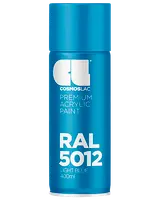Cosmoslac Premium Akrylmaling spraydåse, RAL 5012 Lyseblå, 400ml. Cylindrisk beholder med blå farve, hvid tekst og matchende blå låg.