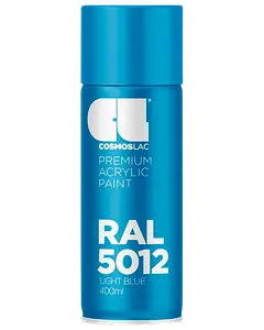 Cosmoslac Premium Akrylmaling spraydåse, RAL 5012 Lyseblå, 400ml. Cylindrisk beholder med blå farve, hvid tekst og matchende blå låg.