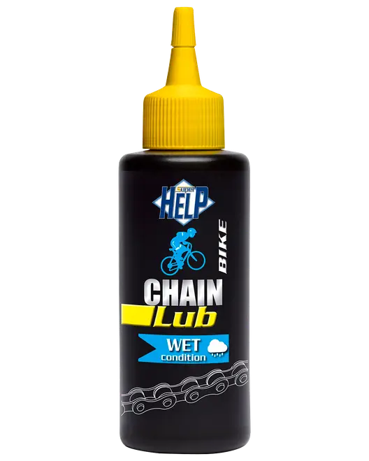 Flaske med Super Help cykelkædeolie til våde forhold, gul tudhætte, sort krop og grafik af cyklist og kæde på etiketten.