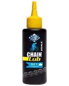 Flaske med Super Help cykelkædeolie til våde forhold, gul tudhætte, sort krop og grafik af cyklist og kæde på etiketten.