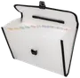 Expanderbar plastmapp med flera färgade flikar, svart kant och säker snäpplåsning. Perfekt för att organisera dokument, kvitton eller papper. Lätt och portabel.