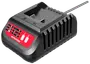Sort batterioplader med rød etiket, LED-indikatorlys og Mitsutomo-logo. Har batterirum og strømledning bagpå.