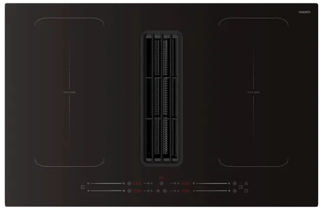 Svart induktionshäll med integrerad central fläkt, två flexzoner, touchkontroller och digital display. Stilren, modern design. Märke: Wasco.
