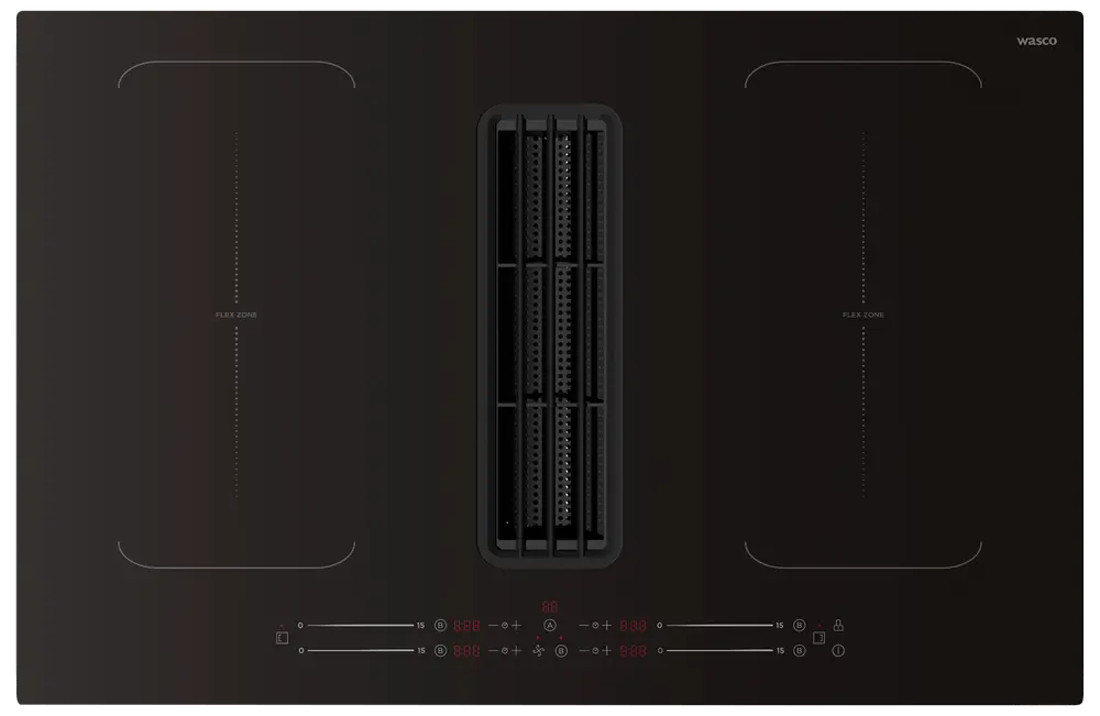 Svart induktionshäll med integrerad central fläkt, två flexzoner, touchkontroller och digital display. Stilren, modern design. Märke: Wasco.