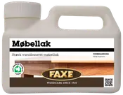Plastdunk med FAXE møbellak, stærk vandbaseret lak til træpleje. Med bærehåndtag, skruelåg og etiket med produktinformation og indeklimamærke.
