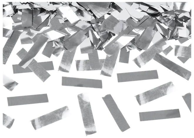 Pakke med rektangulære konfettistrimler i metallisk sølv, reflekterende overflade, perfekte til fester, fejringer eller events. Letvægts og nemme at sprede dekorativt.