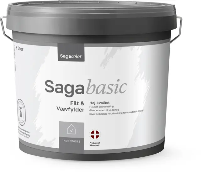 5 liters spand Sagabasic vævfylder til indendørs brug, mat finish, høj kvalitet, med hank og gråt låg. Velegnet til filt og væv. Produceret i Danmark.