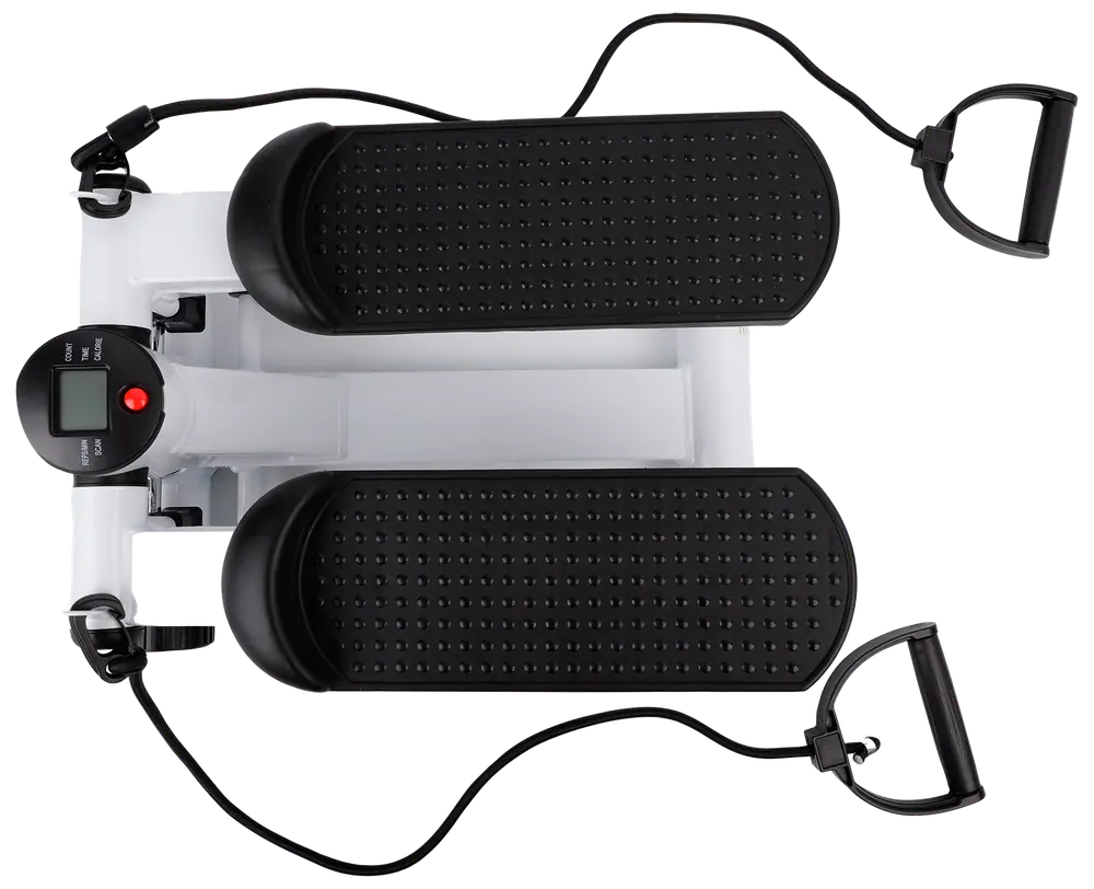 Kompakt steppmaskin med två strukturerade fotplattor, digital display och motståndsband med handtag för överkroppsträning. Passar för hemmaträning och kondition.