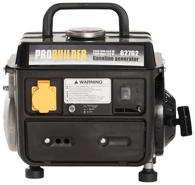 Kompakt benzingenrator med 230V stik, tænd/sluk-knap, advarselslabel og bærehåndtag. Egnet til bærbare strømbehov, 650W drift og 720W maksimal effekt.