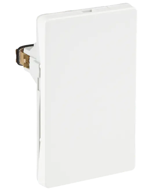 Hvid plast afdækningsplade med glat overflade og rektangulær form, designet til at dække ubrugte eludtag eller afbryderåbninger for et pænt udseende.