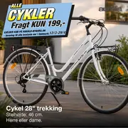 Hvid cykel ses foran hus, tekst annoncere fragt til kun 199 kroner på cykler.