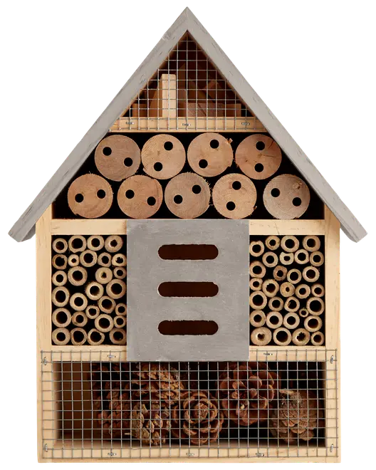 Træ-insekthotel med flere rum, bambusrør, borede træstykker, kogler og trådnet. Designet til at tiltrække og beskytte gavnlige insekter i haven. Trekantet tag for vejrbeskyttelse.