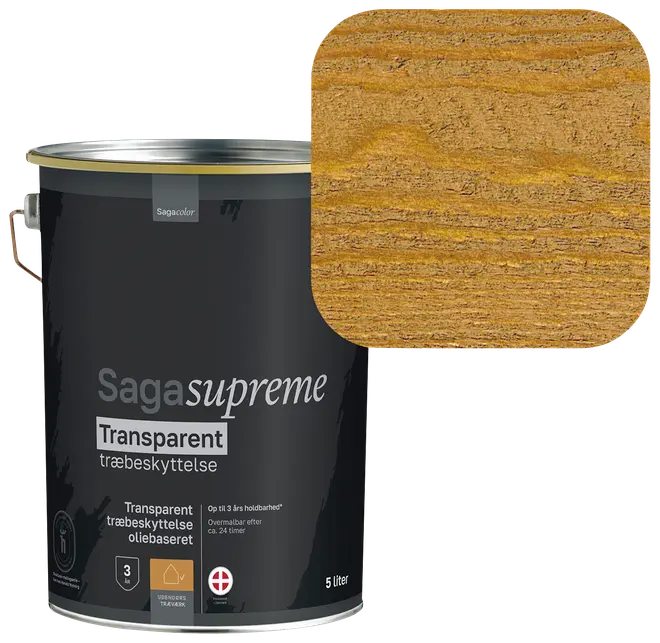 5 liters spand Saga Supreme transparent træbeskyttelse, oliebaseret. Vist farve er varm gyldenbrun, fremhæver træets naturlige årer. Velegnet til udendørs træoverflader.