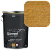 5 liters spand Saga Supreme transparent træbeskyttelse, oliebaseret. Vist farve er varm gyldenbrun, fremhæver træets naturlige årer. Velegnet til udendørs træoverflader.