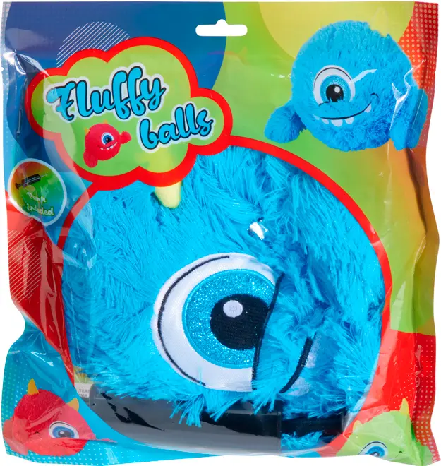 Blå, fluffy bold med stort broderet øje, monsterdesign og blød plys. Leveres i farverig emballage med teksten 'Fluffy balls'. Velegnet til børn, pumpe medfølger.