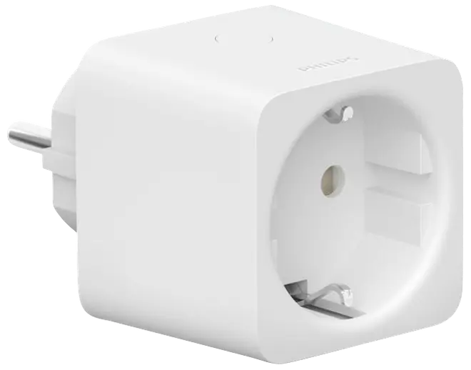 Hvid smart stikadapter med europæisk stik og ben, kubeformet design, egnet til automatisering af elektriske enheder, passer til standardstik, kompakt og moderne udseende.