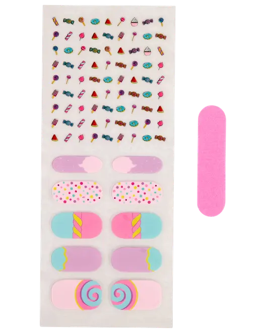 Sæt med farverige negleklistermærker med sliktema og mønstre samt en lille lyserød neglefil. Perfekt til dekoration af børns negle.