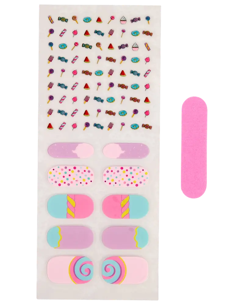 Sæt med farverige negleklistermærker med sliktema og mønstre samt en lille lyserød neglefil. Perfekt til dekoration af børns negle.