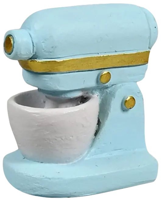 Lyseblå miniature køkkenmaskine med gyldne detaljer og hvid røreskål, dekorativt legetøjsagtigt køkkenapparat.