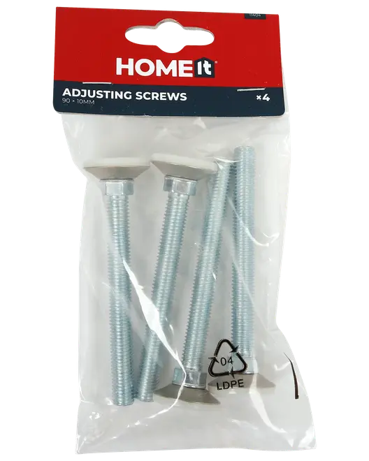Pakke med fire justeringsskruer i metal, 90 x 10 mm, med flade hoveder. Velegnet til nivellering af møbler. Leveres i klar plastpose med rød label.