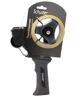 Handhållen tejphållare med ergonomiskt svart handtag, inbyggd skärkniv och en rulle klar packtejp. Perfekt för att försluta kartonger. Märke: Schuster.