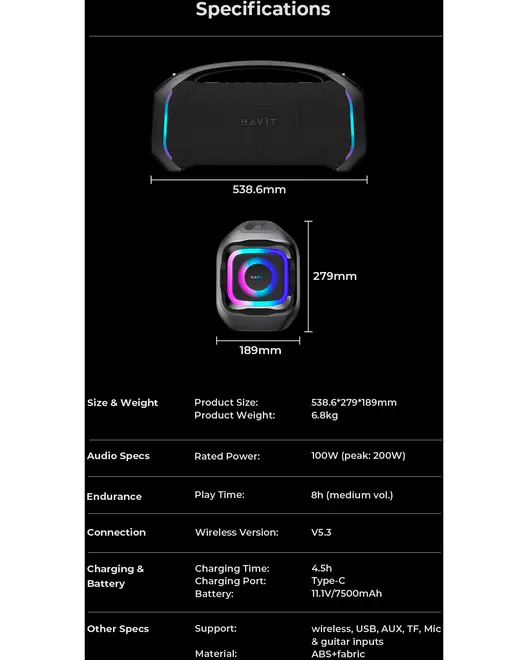 Bärbar trådlös högtalare med LED-ljus, handtag och flera ingångar. Mått: 538,6×279×189mm, 6,8kg, 100W effekt, 8h speltid, USB, AUX, TF, mikrofon och gitarrstöd.
