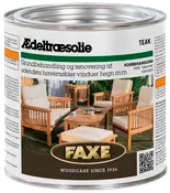 Metal dåse med FAXE ædeltræsolie til udendørs havemøbler, viser billede af træmøbler på terrasse, velegnet til behandling og renovering af udendørs træoverflader.