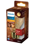 Philips Vintage LED flammepære i emballage, dæmpbar, E27, 4W svarer til 25W, 250 lumen, 1800K varm ravfarvet lys.
