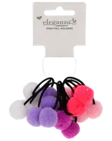 Sæt med elastikker til hestehaler med bløde pomponer i hvid, lilla, pink og magenta, fastgjort til sorte elastikker. Perfekt til farverig og legende frisure.
