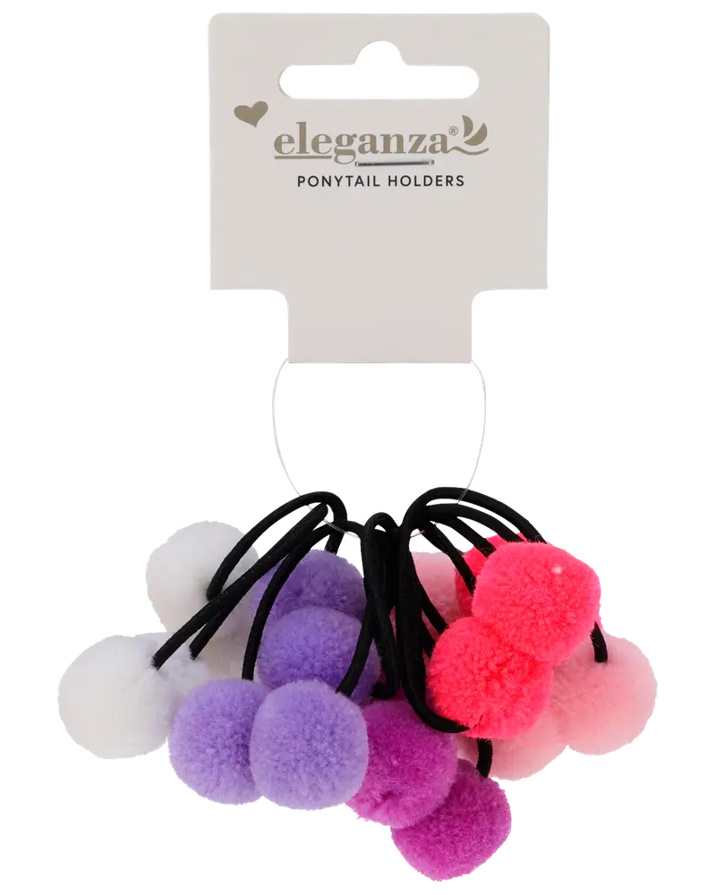Sæt med elastikker til hestehaler med bløde pomponer i hvid, lilla, pink og magenta, fastgjort til sorte elastikker. Perfekt til farverig og legende frisure.
