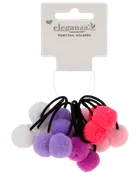 Sæt med elastikker til hestehaler med bløde pomponer i hvid, lilla, pink og magenta, fastgjort til sorte elastikker. Perfekt til farverig og legende frisure.