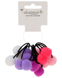Sæt med elastikker til hestehaler med bløde pomponer i hvid, lilla, pink og magenta, fastgjort til sorte elastikker. Perfekt til farverig og legende frisure.