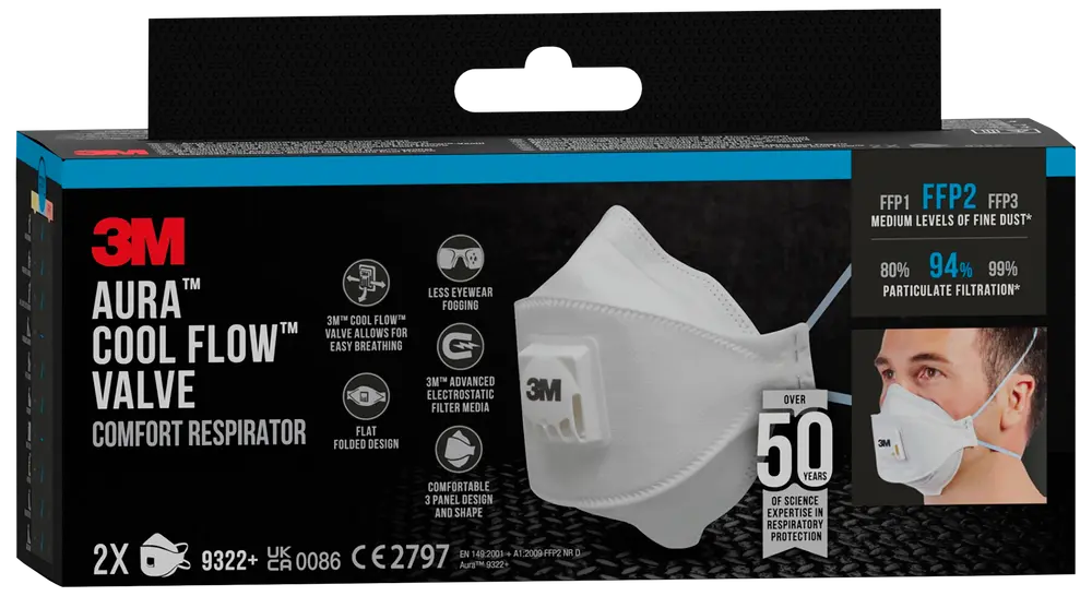 Æske med 3M Aura Cool Flow Valve komfortåndedrætsværn, FFP2-klassificeret, hvidt, fladt foldet maske med ventil, justerbar næseklemme og elastiske ørestropper. Indeholder to masker.