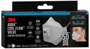 Æske med 3M Aura Cool Flow Valve komfortåndedrætsværn, FFP2-klassificeret, hvidt, fladt foldet maske med ventil, justerbar næseklemme og elastiske ørestropper. Indeholder to masker.