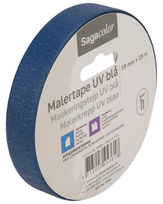 Blå UV maskeringstejp, 19 mm bred och 25 meter lång, lämplig för målnings- och maskeringsarbeten. Levereras med vit etikett med produktinformation och streckkod.