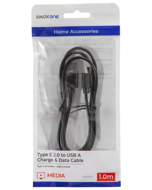 Svart 1,0 meter Type C 2.0 till USB A ladd- och datakabel, hane till hane, förpackad i klar plast med etikett för hemaccessoarer.
