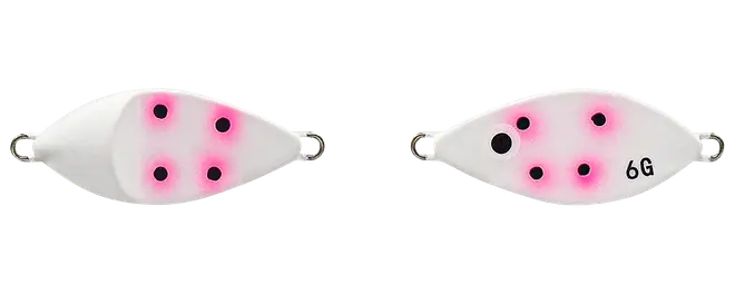Hvide fiskelokker med pink glødende prikker, sorte detaljer, metaløjer og én mærket 6G.