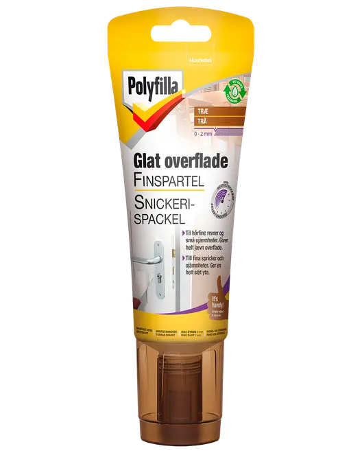 Polyfilla finsparkel til træ, 0-2 mm revner, praktisk tube med integreret spartel, velegnet til reparation af fine revner og ujævnheder, giver glat overflade.