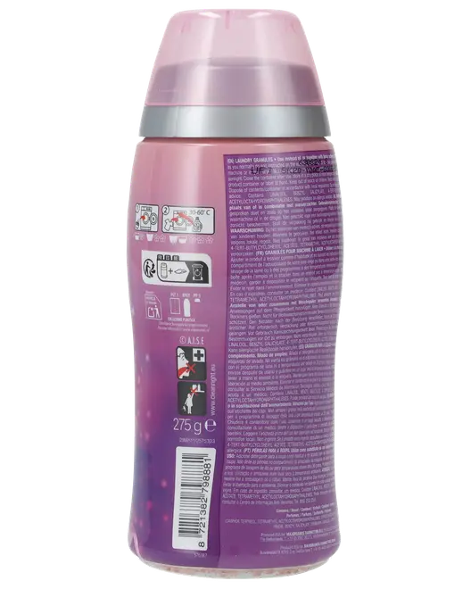 Lilla og pink plastflaske med sølvbånd, 275g, detaljerede instruktioner, sikkerhedsikoner og stregkode på bagsiden. Designet til vasketøj med sikker skruelåg.