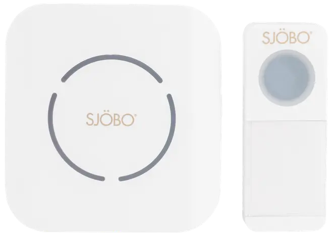 Vitt trådlöst dörrklockset med rund knapp och mottagarenhet. Båda delarna har SJÖBO-logotyp. Modern, minimalistisk design för hem eller kontor.